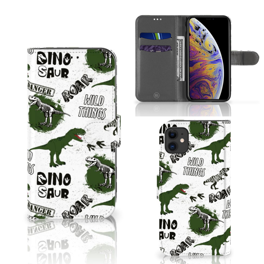 Telefoonhoesje met Pasjes voor Apple iPhone 11 Dinosaurus met leuke dino's en pootafdrukken op achtergrond 🦖.