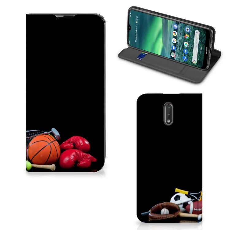 Nokia 2.3 Hippe Standcase Sports with various sport images including basketball and boxing.