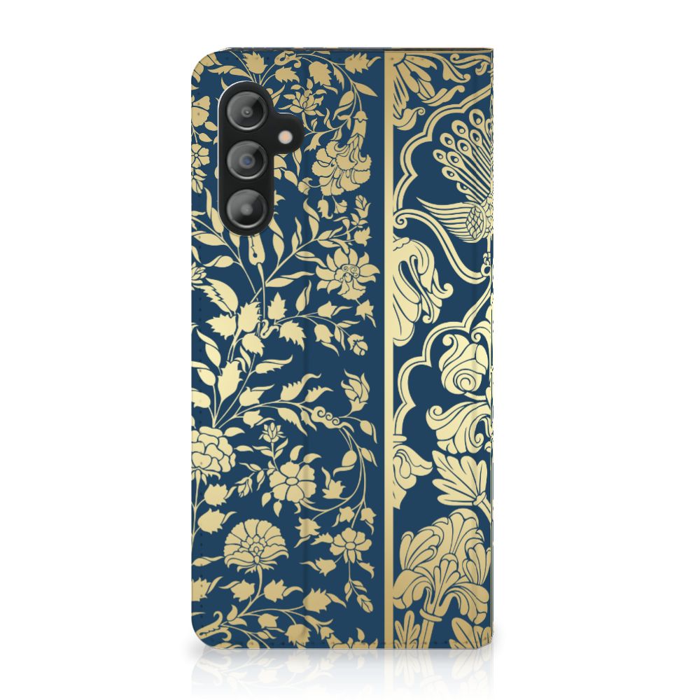 Samsung Galaxy A14 4G Smart Cover Beige Flowers with elegant floral design on dark blue background.