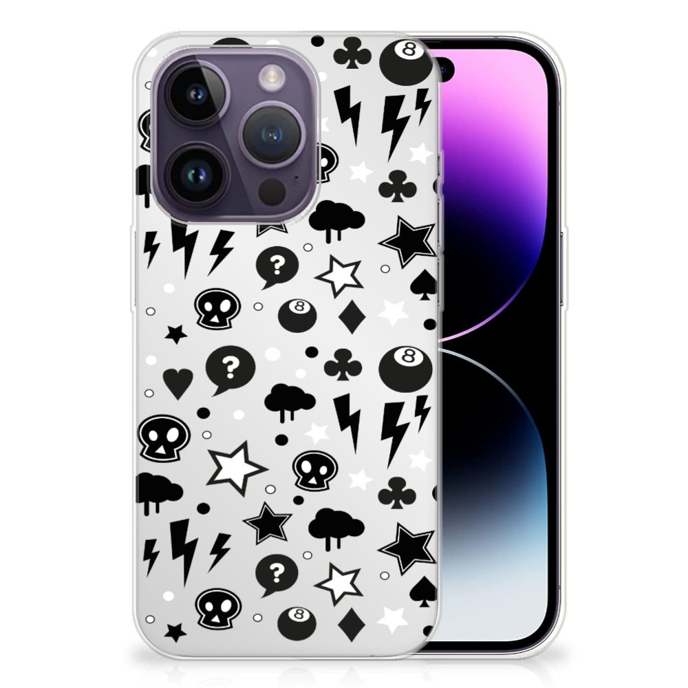Silicone Back Case Apple iPhone 14 Pro Silver Punk met punkdesign, sterren en bliksemflitsen.