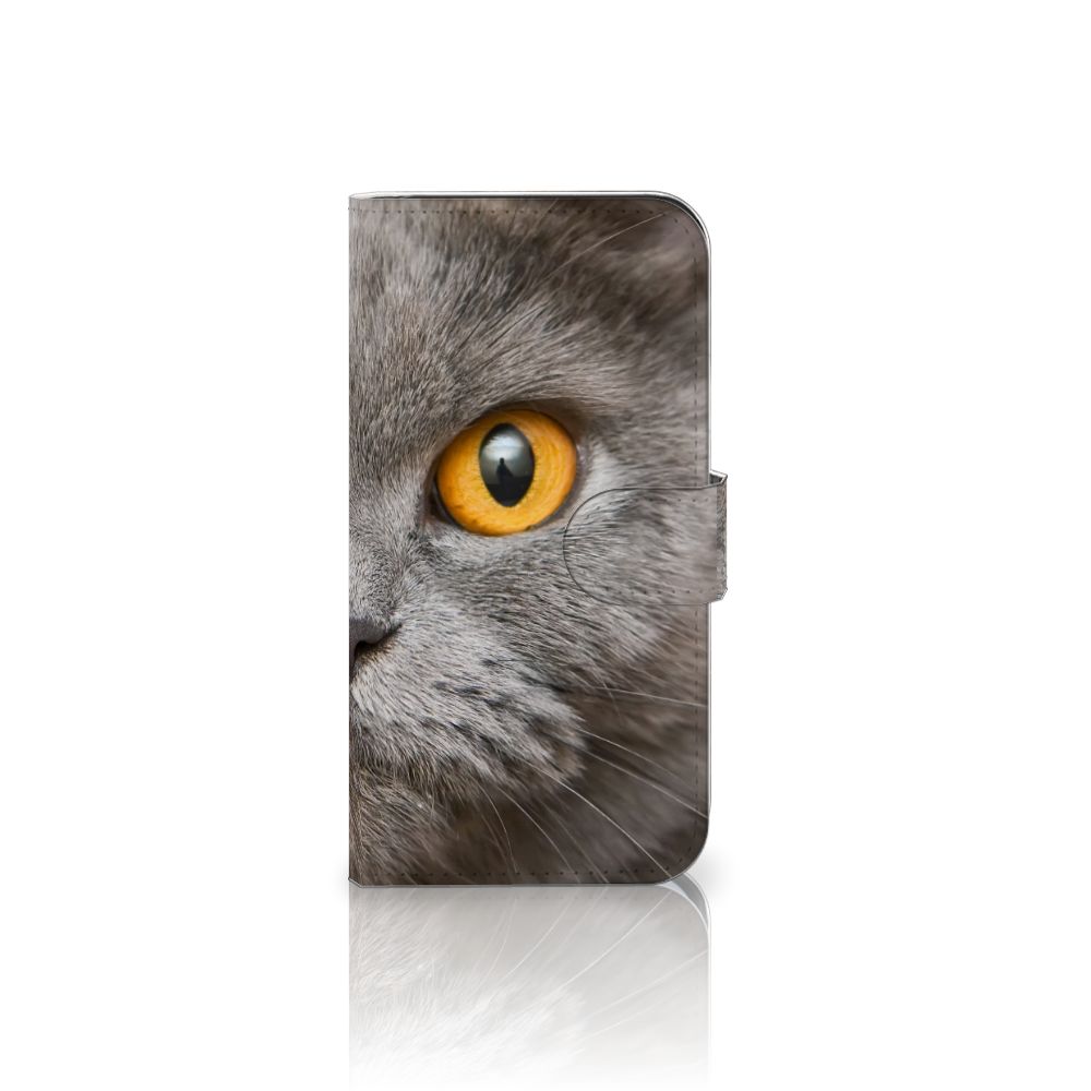 Telefoonhoesje met Pasjes Samsung Galaxy S25 Britse Korthaar met close-up van een kat met geel oog.