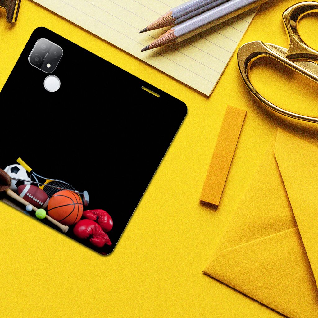 OPPO A15 Hippe Standcase Sports met afbeeldingen van verschillende sporten op een gele achtergrond.