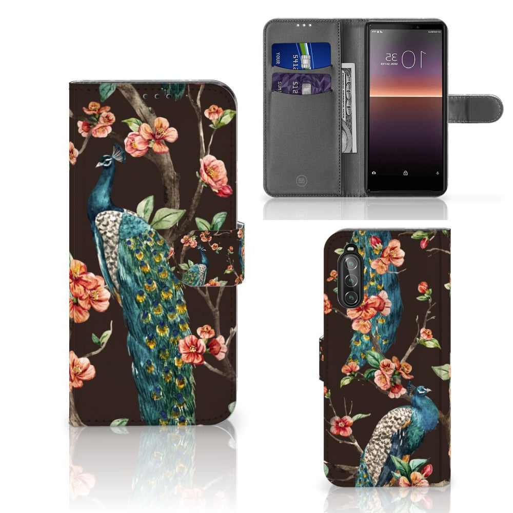 Sony Xperia 10 II Telefoonhoesje met Pasjes Pauw met Bloemen