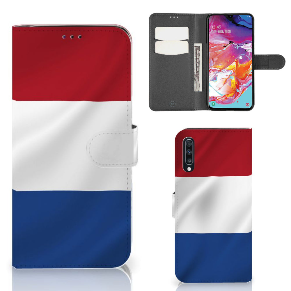 Samsung Galaxy A70 Bookstyle Case Nederlandse Vlag met design van de Nederlandse vlag in rood, wit en blauw.