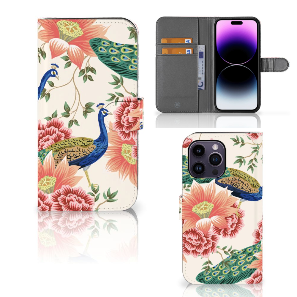 Telefoonhoesje met Pasjes voor iPhone 15 Pro Max Pink Peacock met kleurrijke pauwen en bloemen design 🌸.