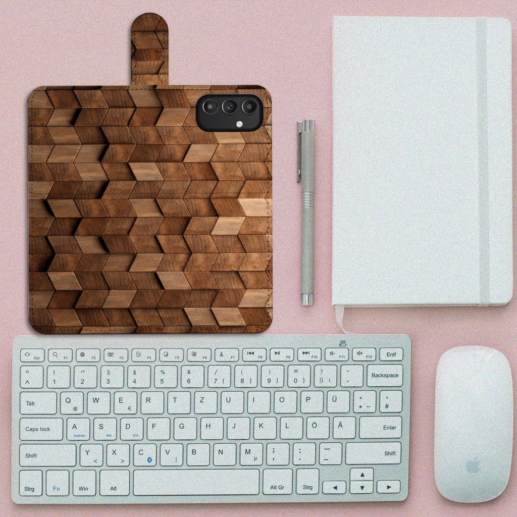 Book Style Case voor Samsung Galaxy A14 4G Wooden Cubes op een bureau met toetsenbord en notitieboek.