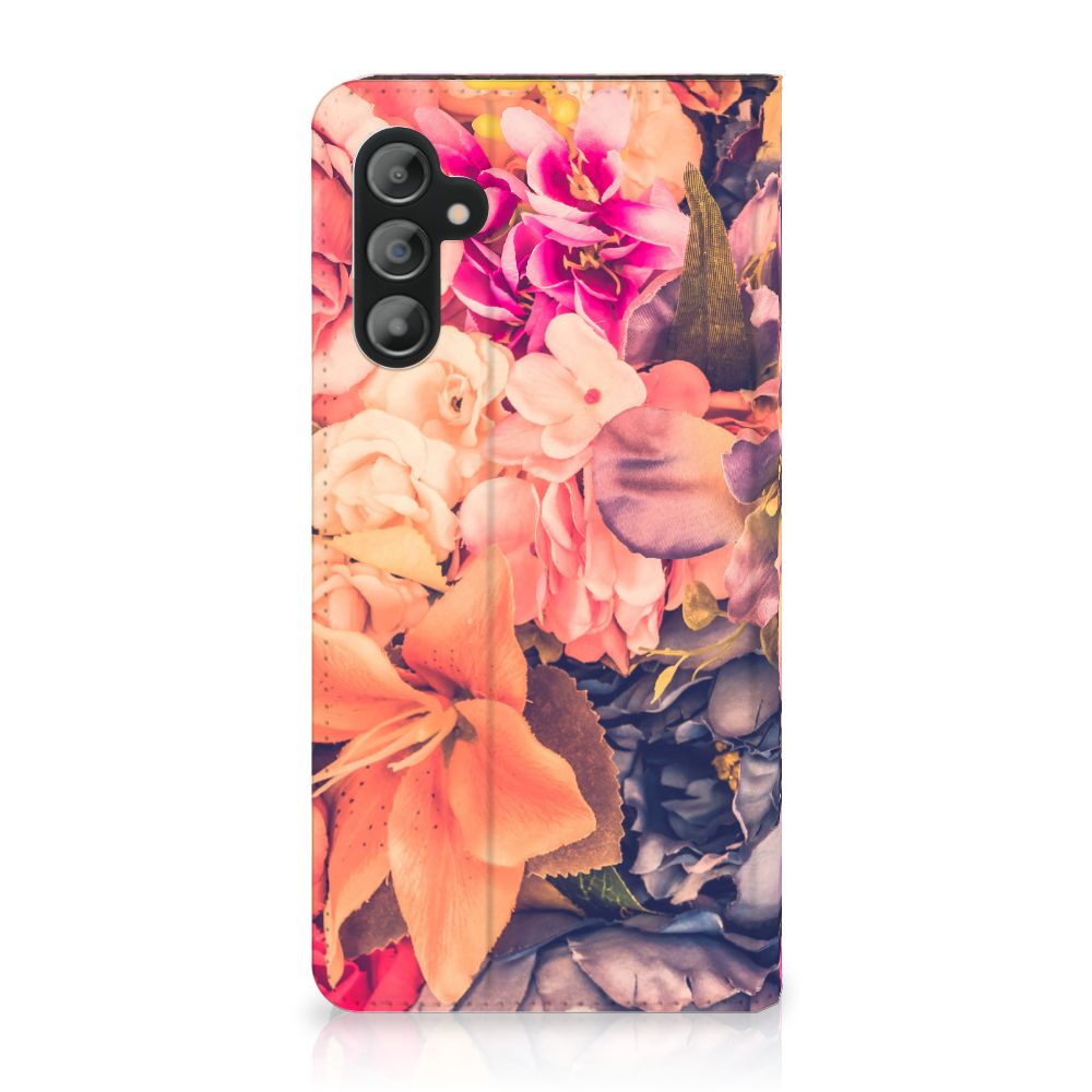Samsung Galaxy A14 5G Smart Cover Bosje Bloemen met kleurrijke bloemenprint in oranje en paarse tinten.