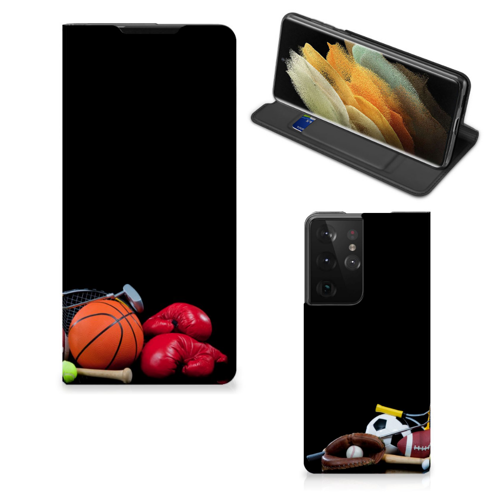 Samsung Galaxy S21 Ultra Hippe Standcase Sports met sportafbeeldingen en een houder voor pasjes.