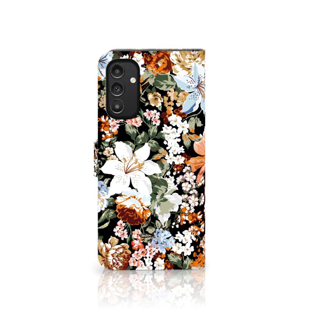 Hoesje voor Samsung Galaxy A14 5G Dark Flowers met kleurrijk bloemenpatroon op een zwarte achtergrond.