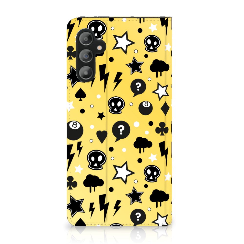 Mobiel BookCase Samsung Galaxy A14 4G Punk Geel met zwart-witte ontwerpen op een gele achtergrond.