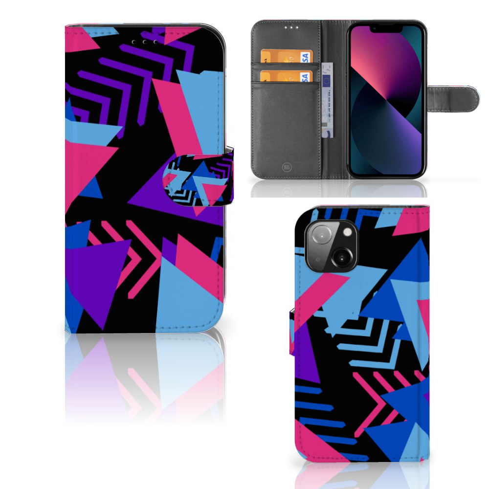 Apple iPhone 13 Book Case Funky Triangle met kleurrijke driehoeken in paars, roze en blauw.