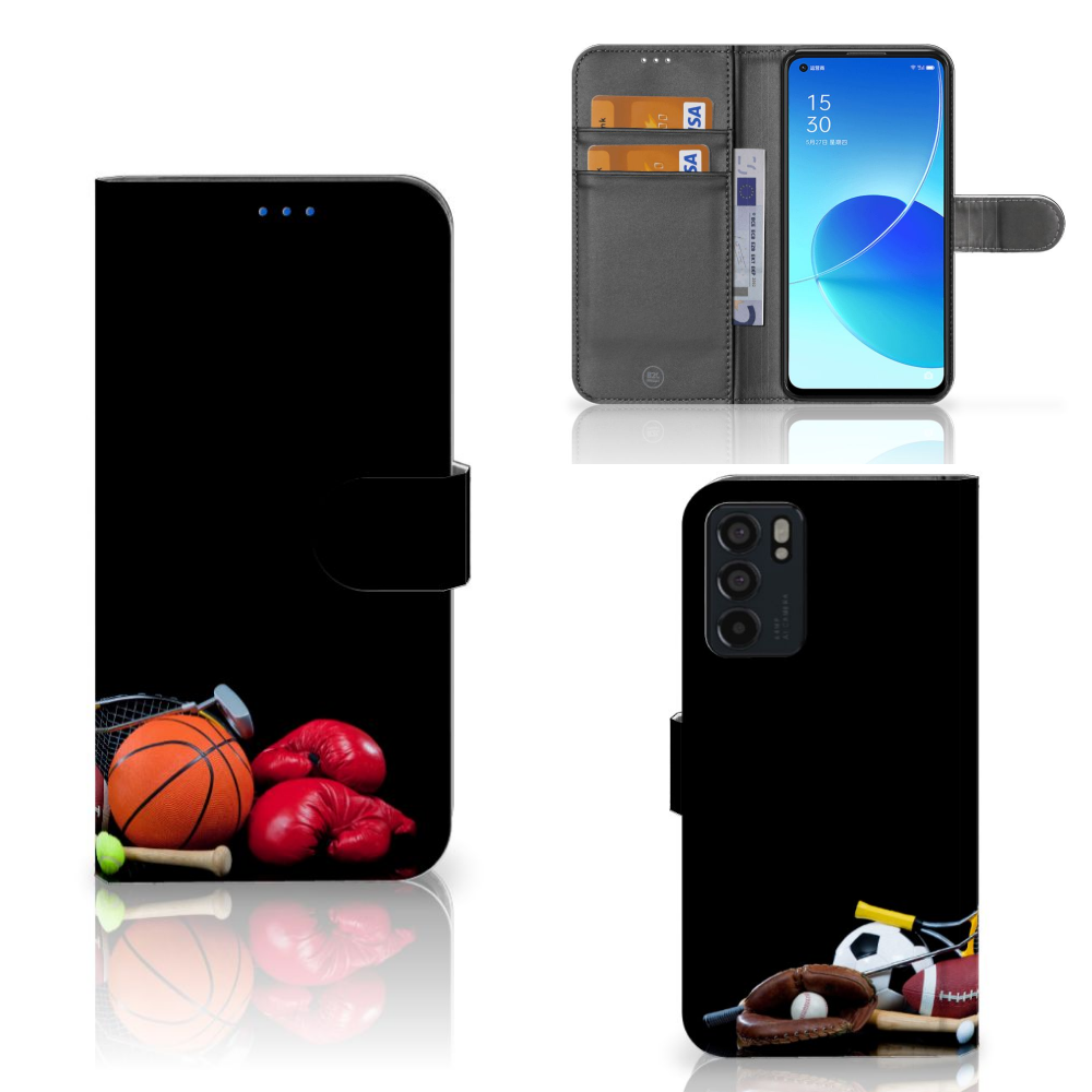 OPPO Reno6 5G Wallet Case met Pasjes Sports met sport afbeeldingen en pasjeshouders.