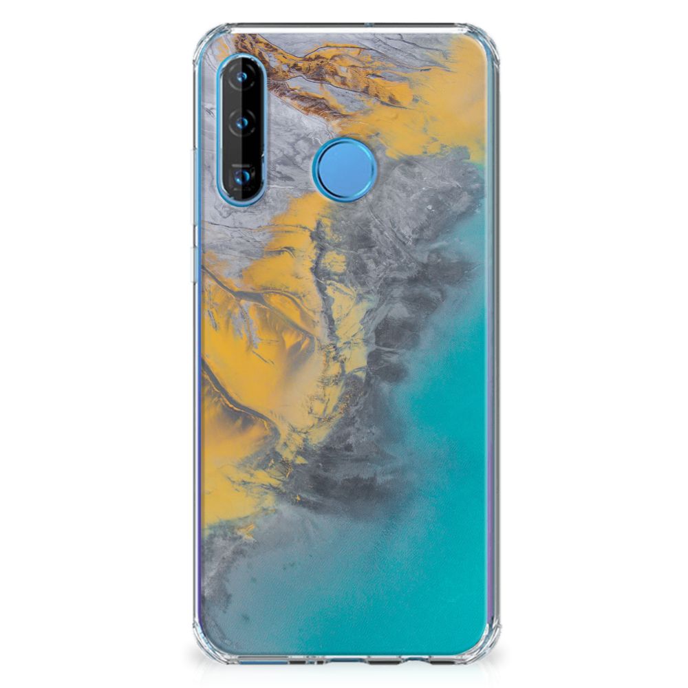 Huawei P30 Lite Anti-Shock Hoesje Marble Blue Gold