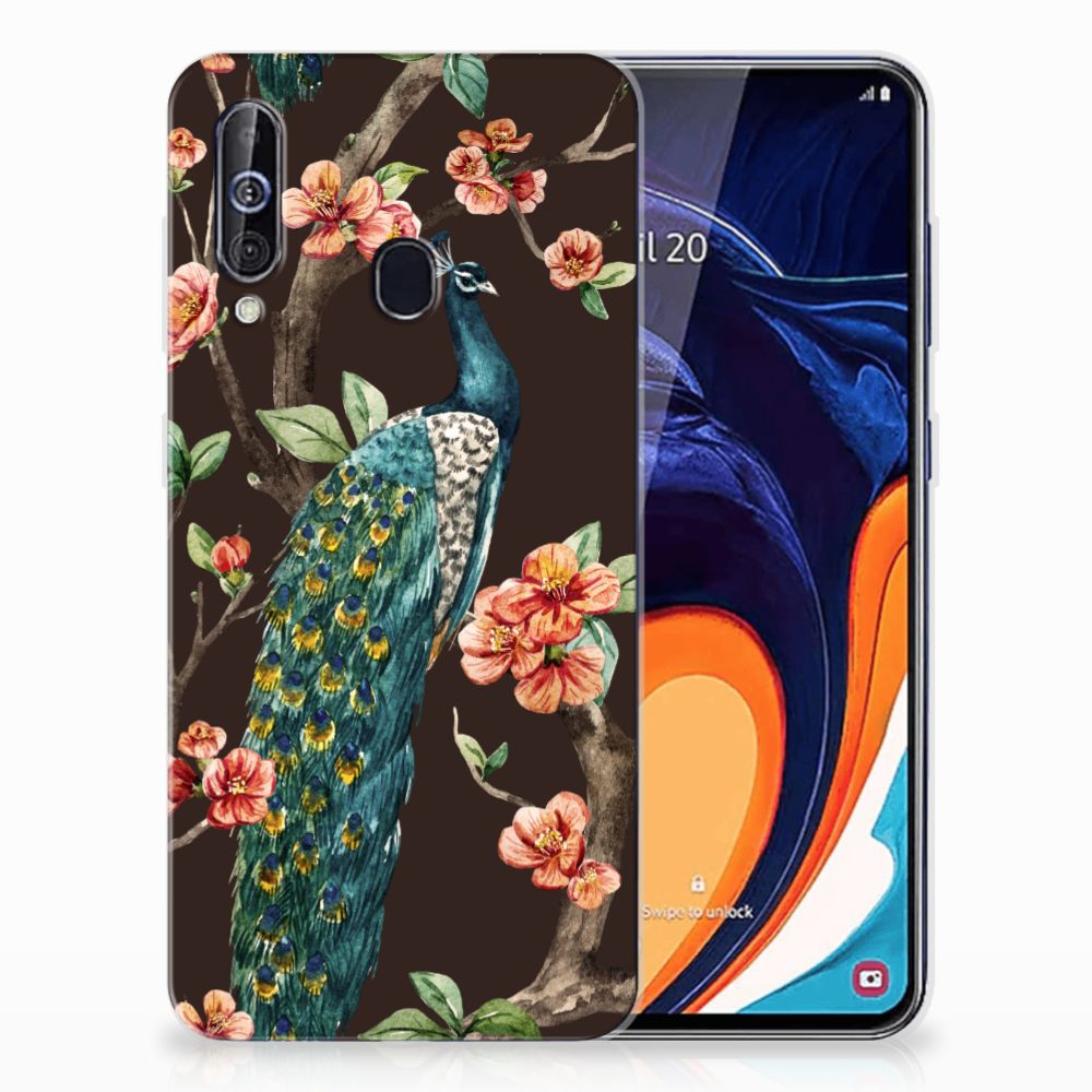 Samsung Galaxy A60 TPU Hoesje Pauw met Bloemen