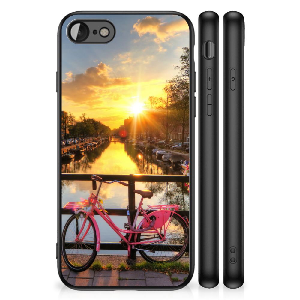iPhone SE 2022 | SE 2020 | 7/8 TPU Backcover Amsterdamse Grachten met roze fiets bij zonsondergang.