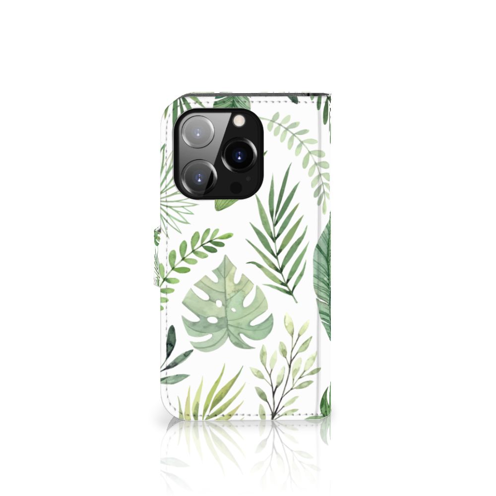 iPhone 14 Pro Hoesje Leaves met een vrolijk bladerenpatroon in groen en wit 🍃