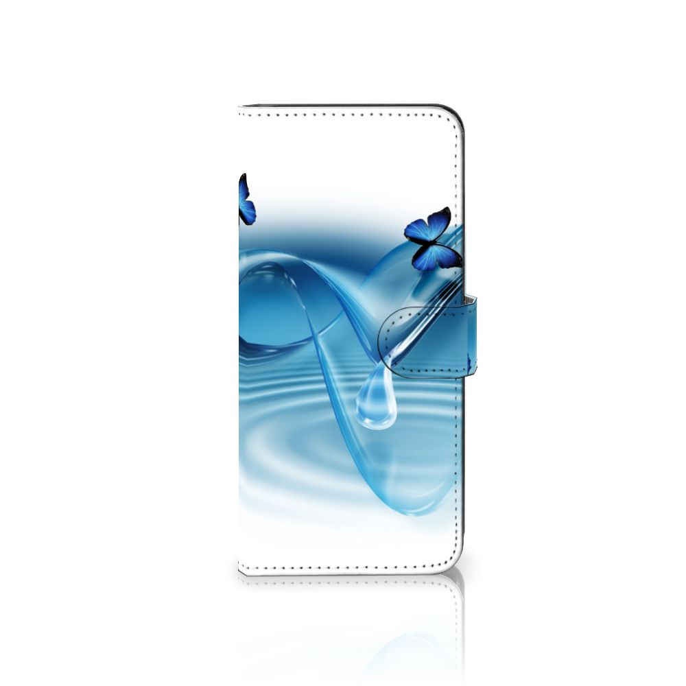 Samsung Galaxy A14 4G Telefoonhoesje met Pasjes Vlinders met blauwe vlinders en golven in een bookstyle ontwerp.