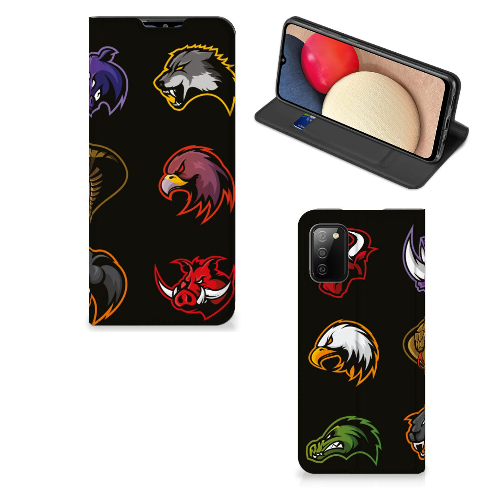 Samsung Galaxy M02s | A02s Magnet Case Cartoon with colorful animal designs on a black background.