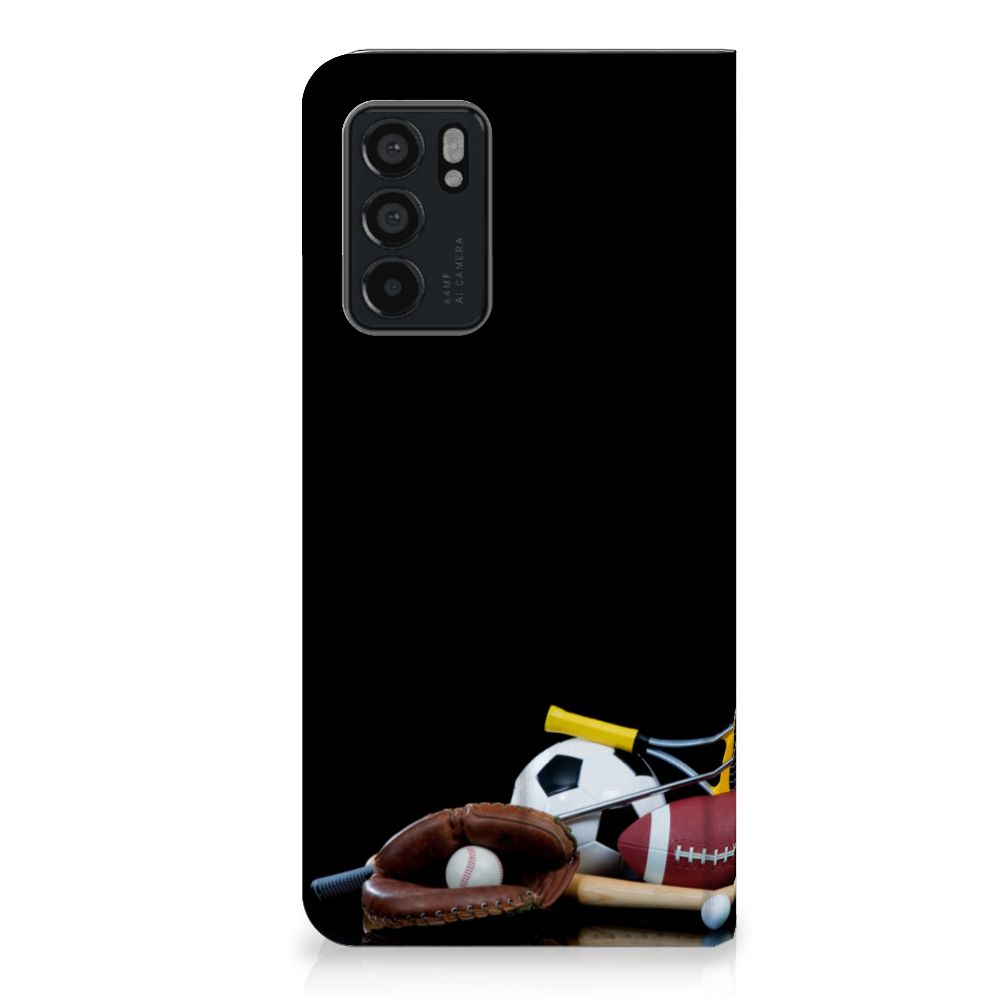 OPPO Reno6 5G Hippe Standcase Sports design featuring various sports equipment and a sleek black background.