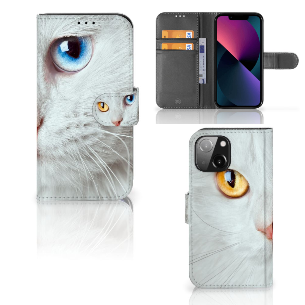 iPhone 13 Mini Telefoonhoesje met Pasjes Witte Kat