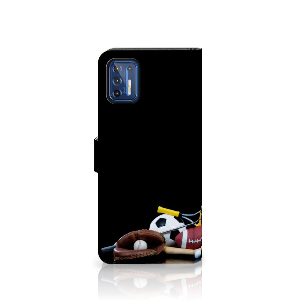 Motorola Moto G9 Plus Wallet Case met Pasjes Sports met sportuitrusting en kleurrijke print en zwarte achtergrond.