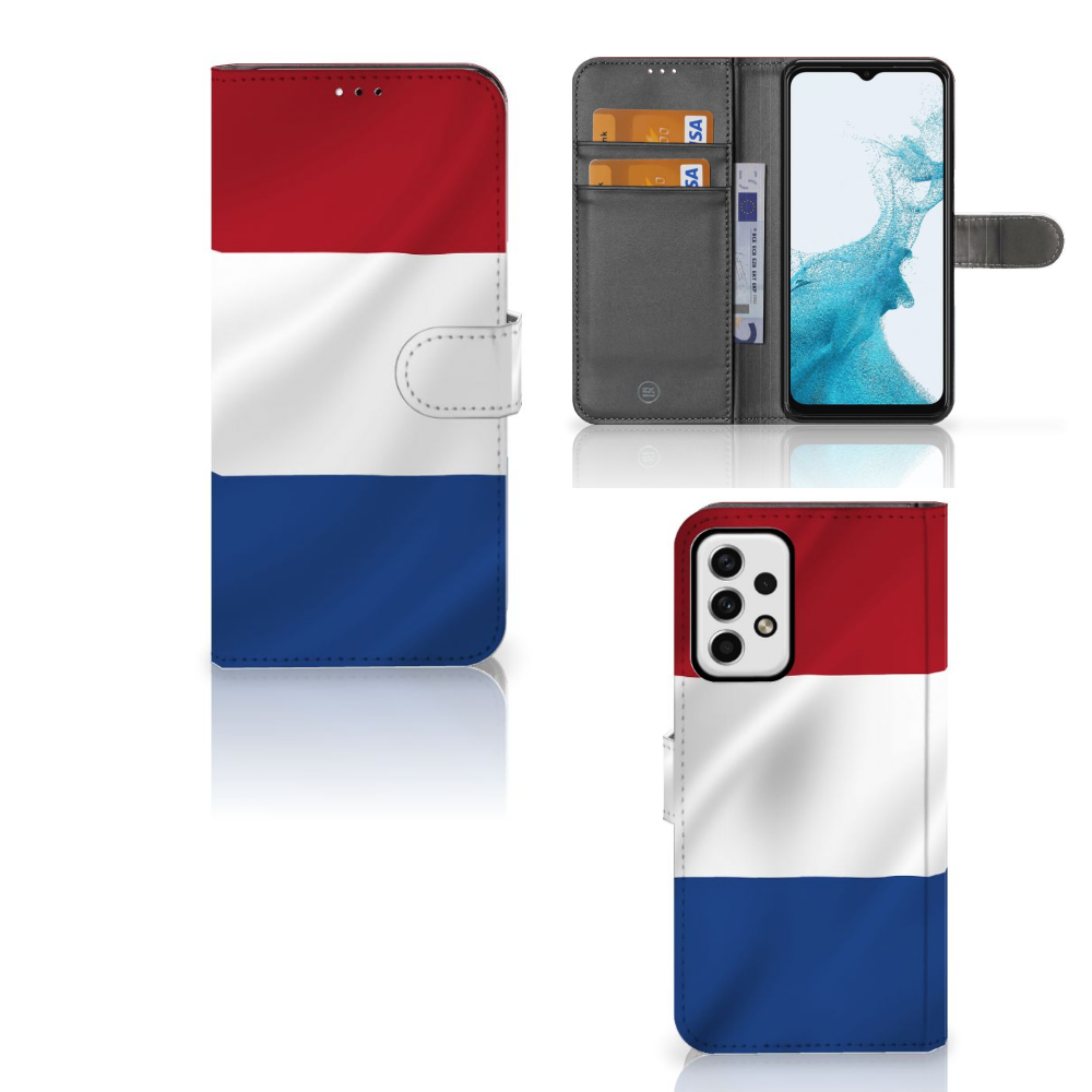 Samsung Galaxy A23 Bookstyle Case Nederlandse Vlag met pasjes en artistiek design van de Nederlandse vlag.