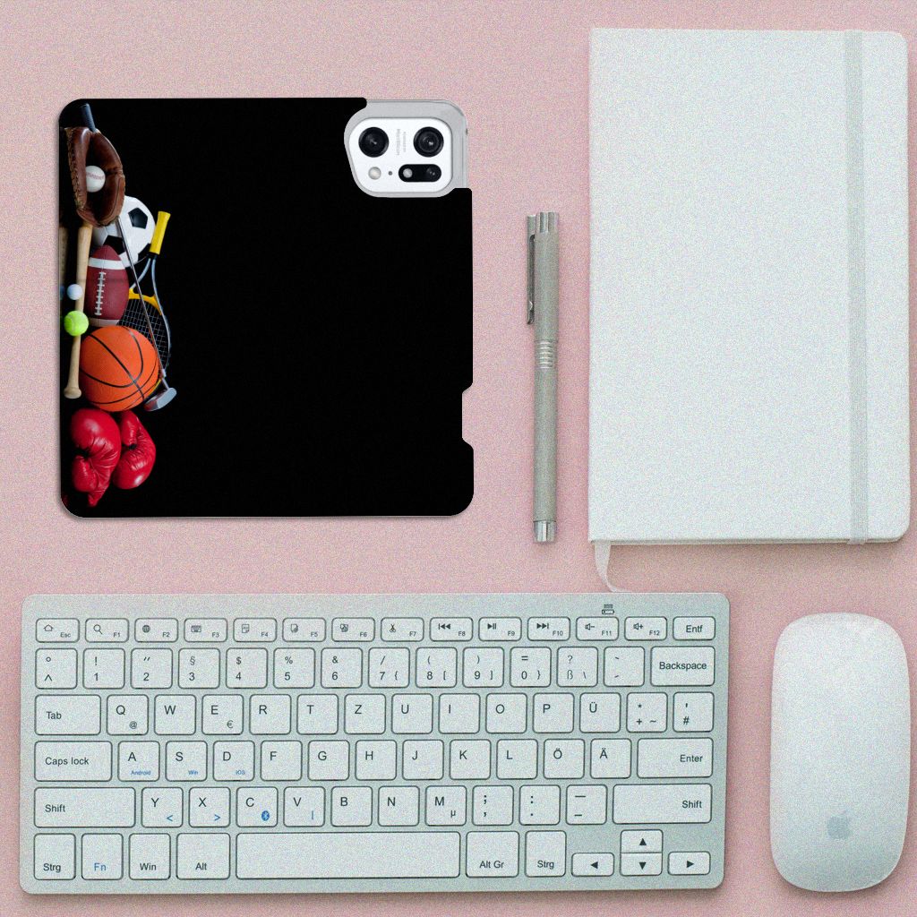 OPPO Find X5 Pro Hippe Standcase Sports with sports equipment print on a desk.