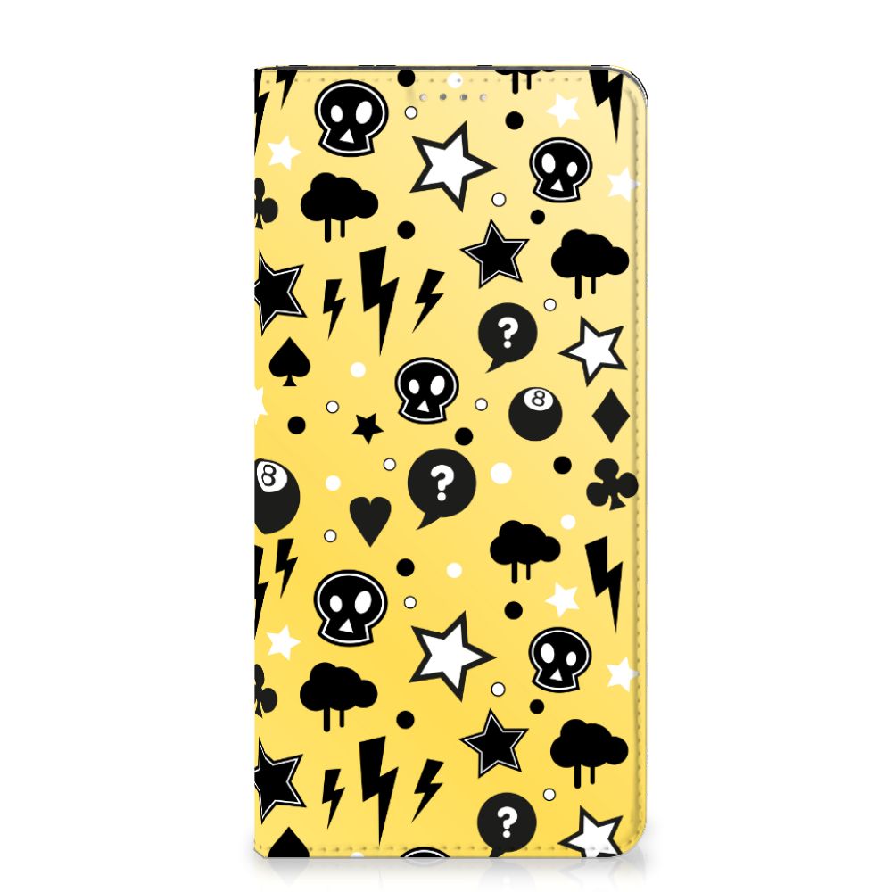 Mobiel BookCase Samsung Galaxy A14 4G Punk Geel met uniek punk geel design en diverse iconen.