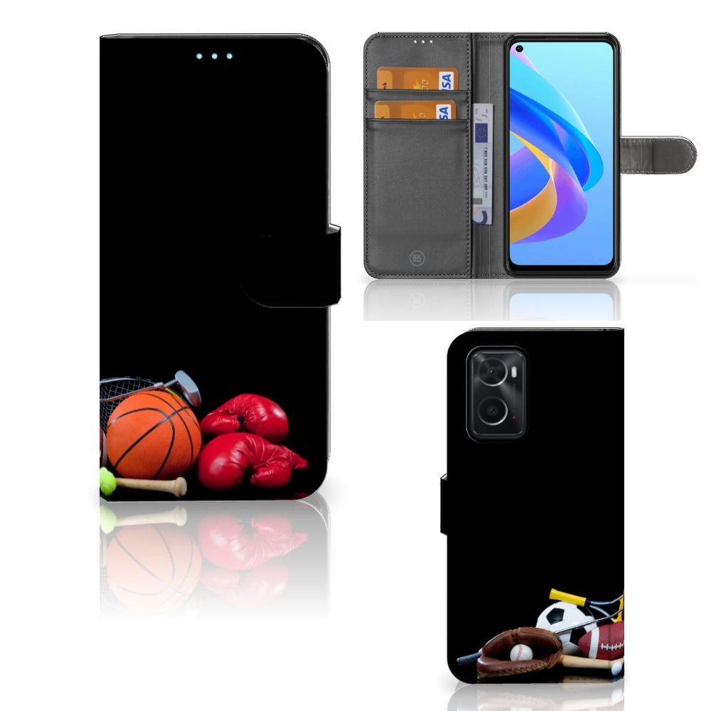 OPPO A76 | A96 Wallet Case met Pasjes Sports met sportafbeeldingen zoals basketbal en bokshandschoenen.