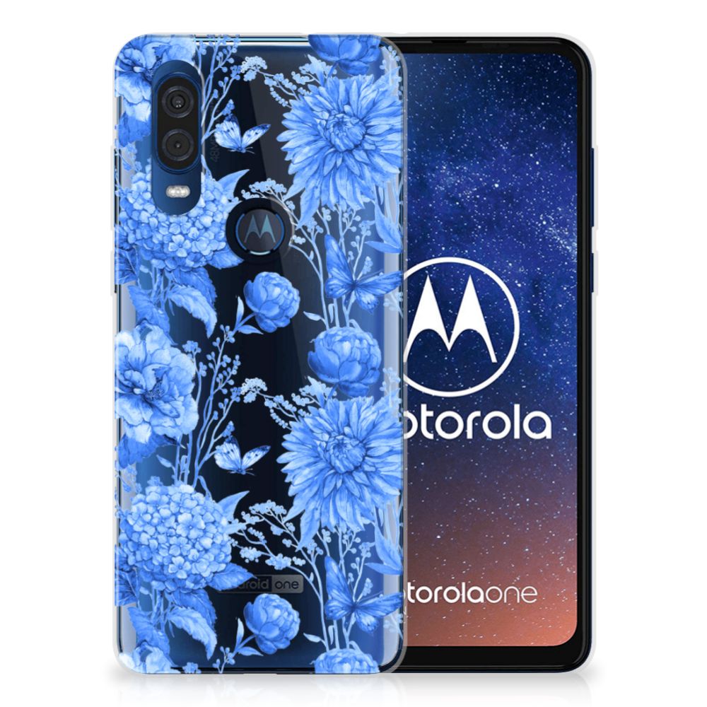 TPU Case voor Motorola One Vision Flowers Blue