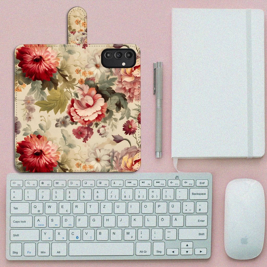Hoesje voor Samsung Galaxy A14 4G Bloemen met kleurrijk bloemen ontwerp, toetsenbord en notitieboekje op een bureau.