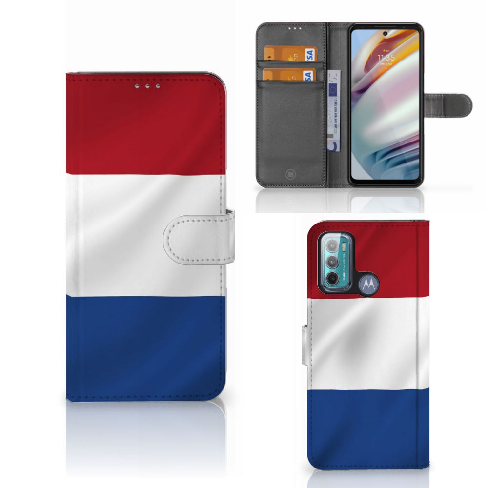 Motorola Moto G60 Bookstyle Case Nederlandse Vlag met pasjes en artistiek design van de Nederlandse vlag.