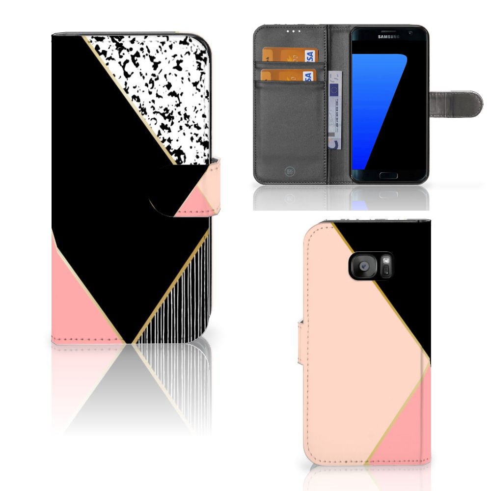 Samsung Galaxy S7 Edge Book Case Zwart Roze Vormen