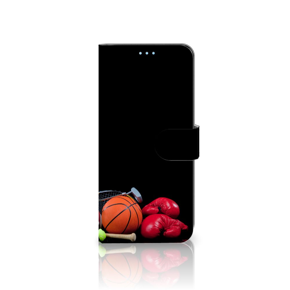 OPPO A74 4G Wallet Case met Pasjes Sports met basketbal, bokshandschoenen en andere sportitems.