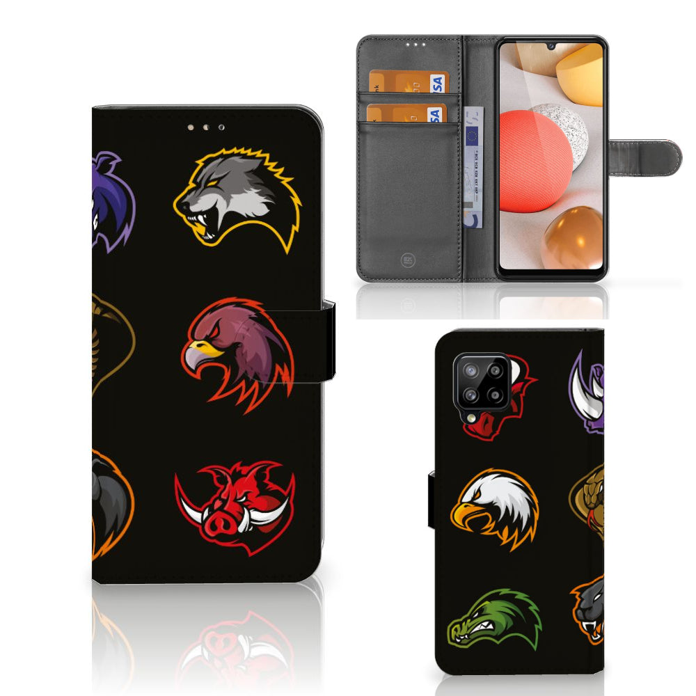 Samsung Galaxy A42 5G Leuk Hoesje Cartoon met verschillende dierenlogo's op zwarte achtergrond.