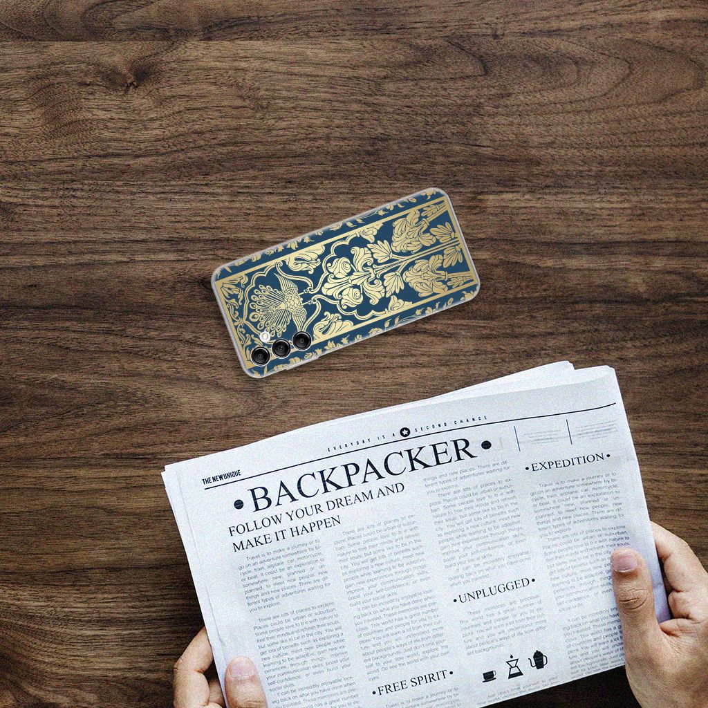 Samsung Galaxy A14 5G TPU Case Beige Flowers on a wooden table next to a newspaper.