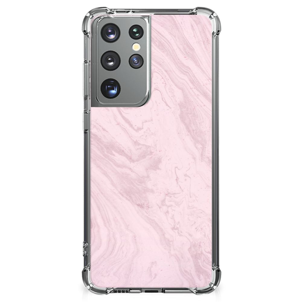 Samsung Galaxy S21 Ultra Anti-Shock Hoesje Marble Pink - Origineel Cadeau Vriendin