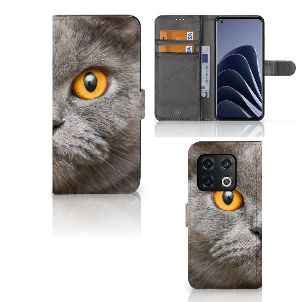Telefoonhoesje met Pasjes OnePlus 10 Pro Britse Korthaar, met afbeelding van een Britse korthaar kat en ruimte voor pasjes.