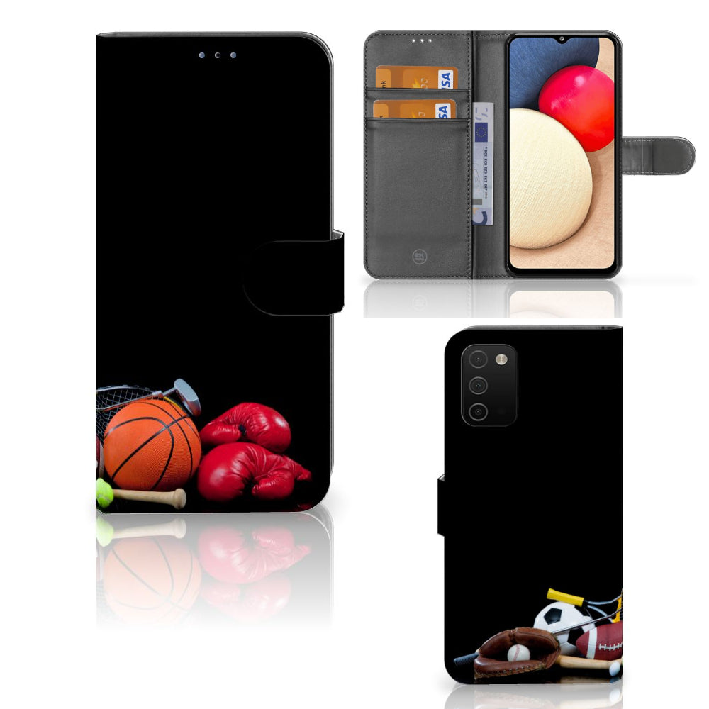 Samsung Galaxy A03s Wallet Case met Pasjes Sports met sportafbeeldingen zoals basketbal, tennis en bokshandschoenen.