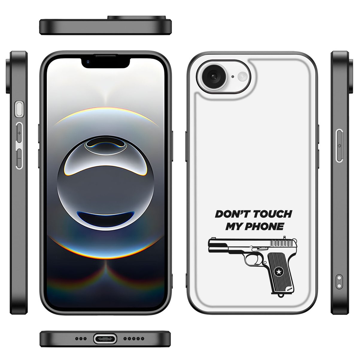 iPhone 16e Telefoon Hoesje Pistol DTMP design met Don't Touch My Phone illustratie.