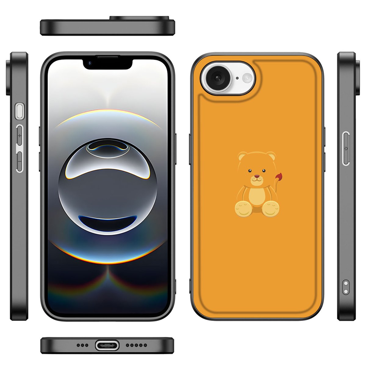 iPhone 16e Hoesje Baby Beer met schattige beerillustratie, schokabsorberend TPU materiaal en zwarte randen.