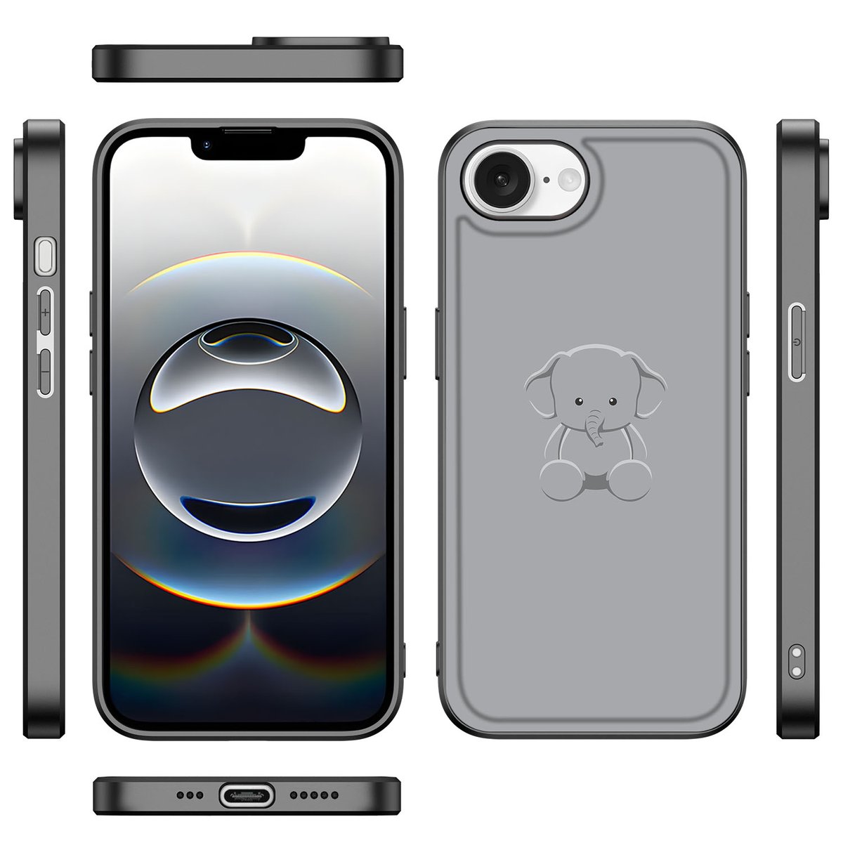 iPhone 16e Hoesje Grijs Baby Olifant met schokabsorberend ontwerp en illustratie van een olifant.