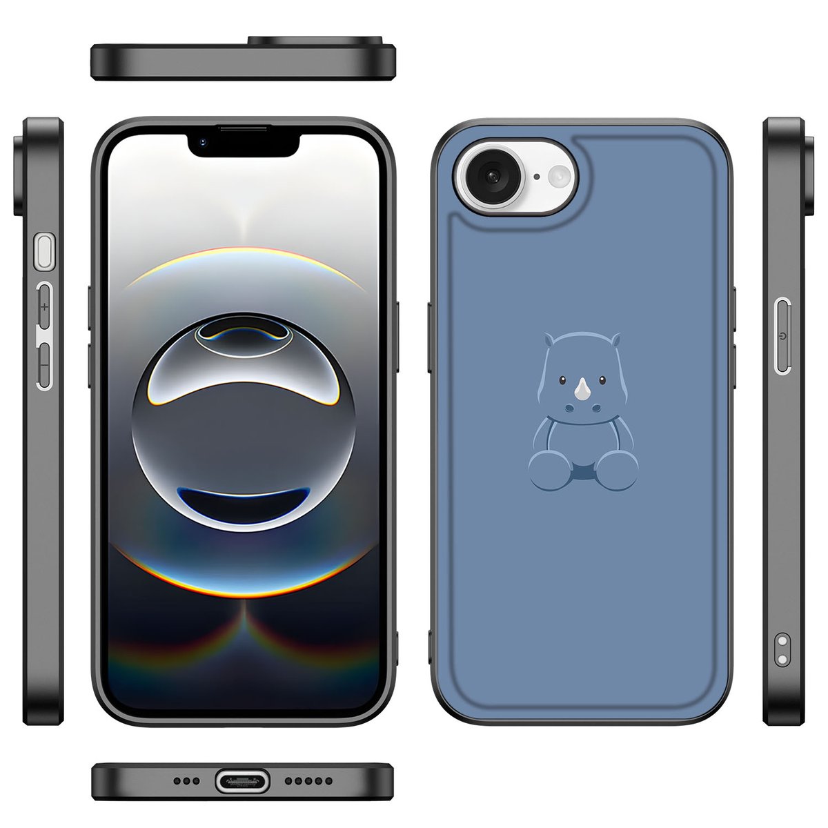 iPhone 16e Hoesje Baby Rhino in blauw met schattig baby rhino ontwerp, perfect voor stijl en bescherming.