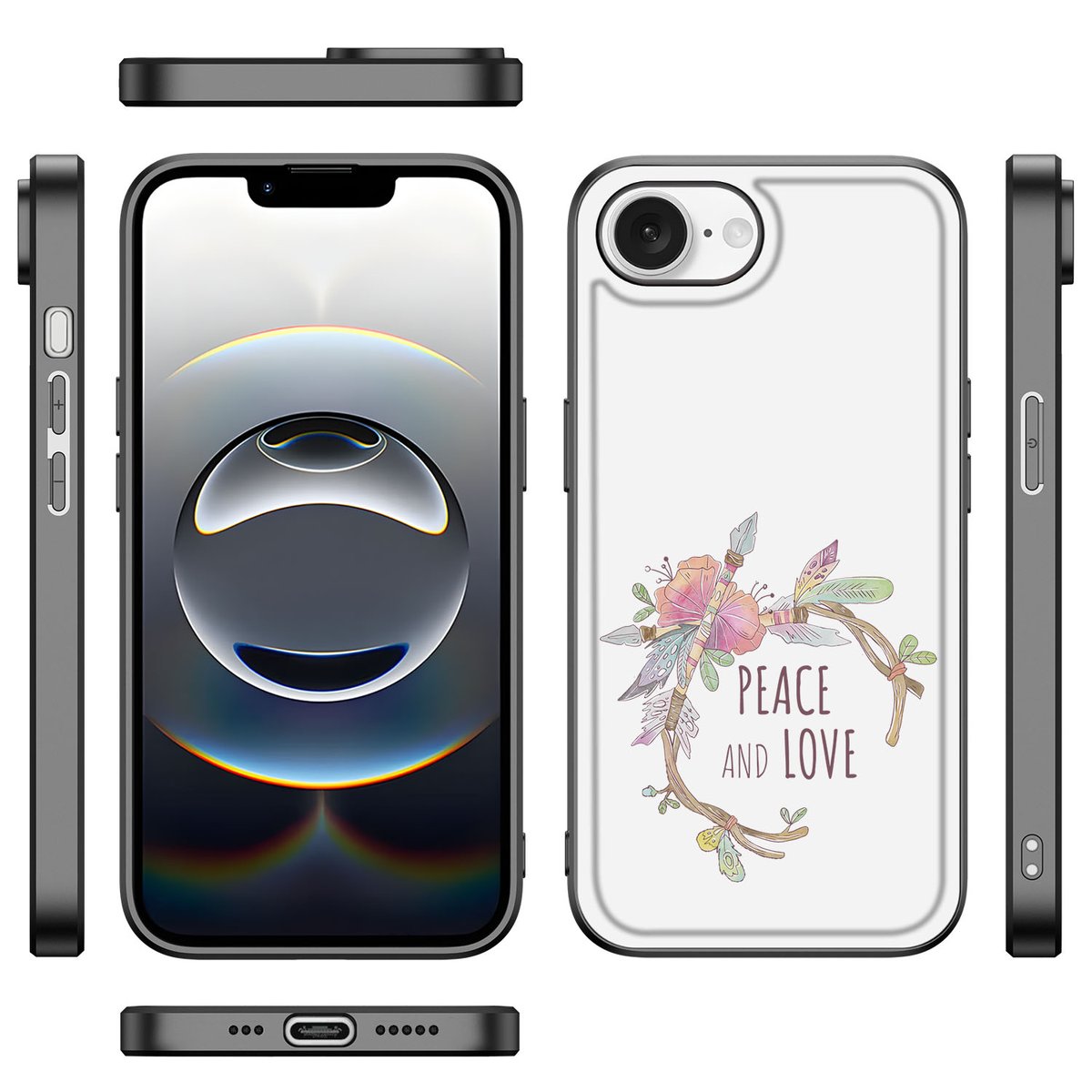 iPhone 16e Hoesje Boho Text met bloemenprint en de tekst 'Peace and Love' voor stijlvolle bescherming.