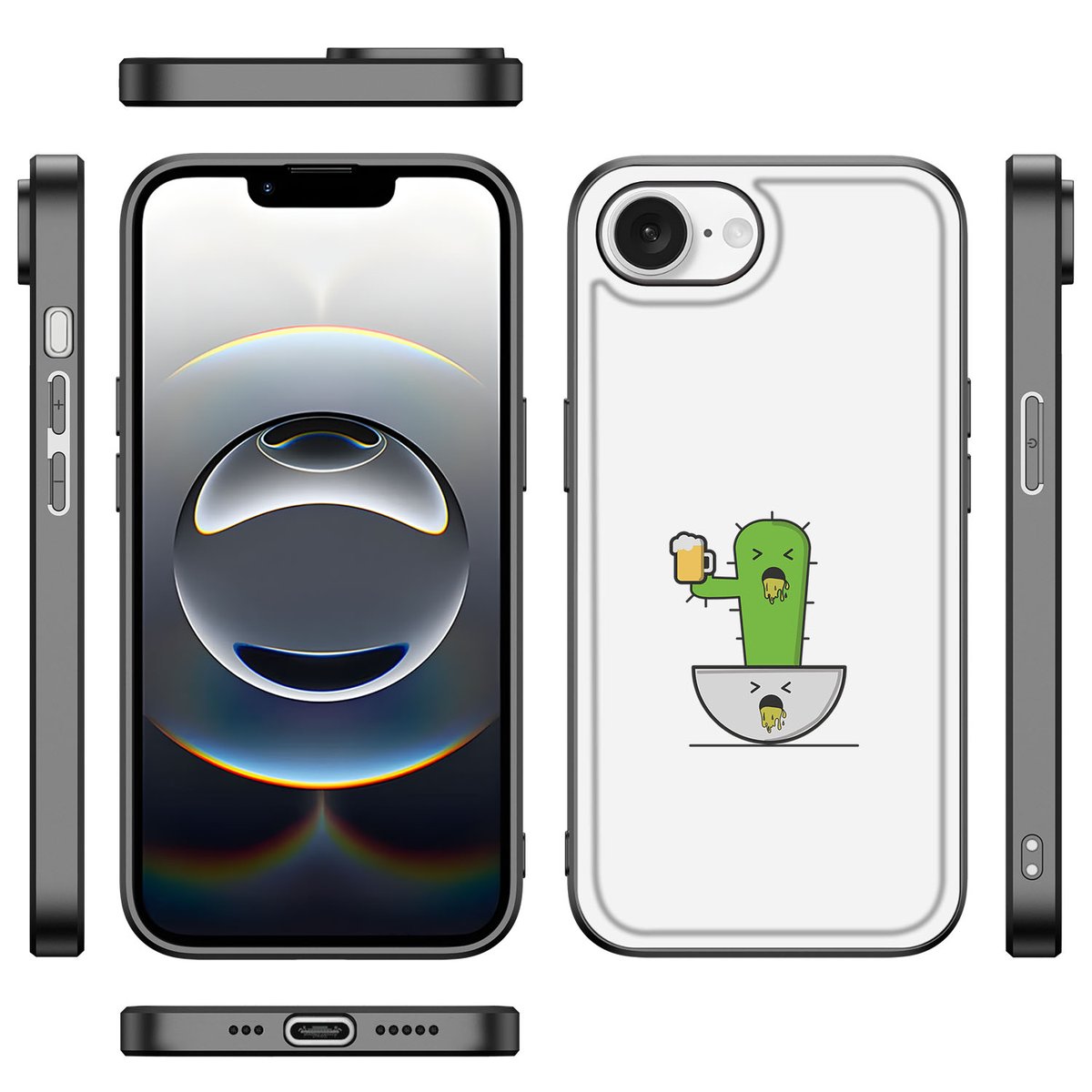 iPhone 16e Hoesje Braktus met cactusillustratie en bier, schokabsorberend en stijlvol design.