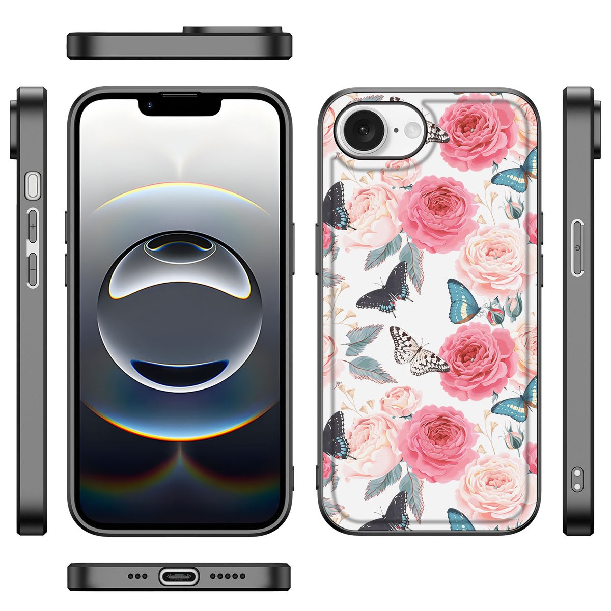 iPhone 16e Bloemen Hoesje Butterfly Roses met bloemen en vlinders design in verschillende hoeken weergegeven.