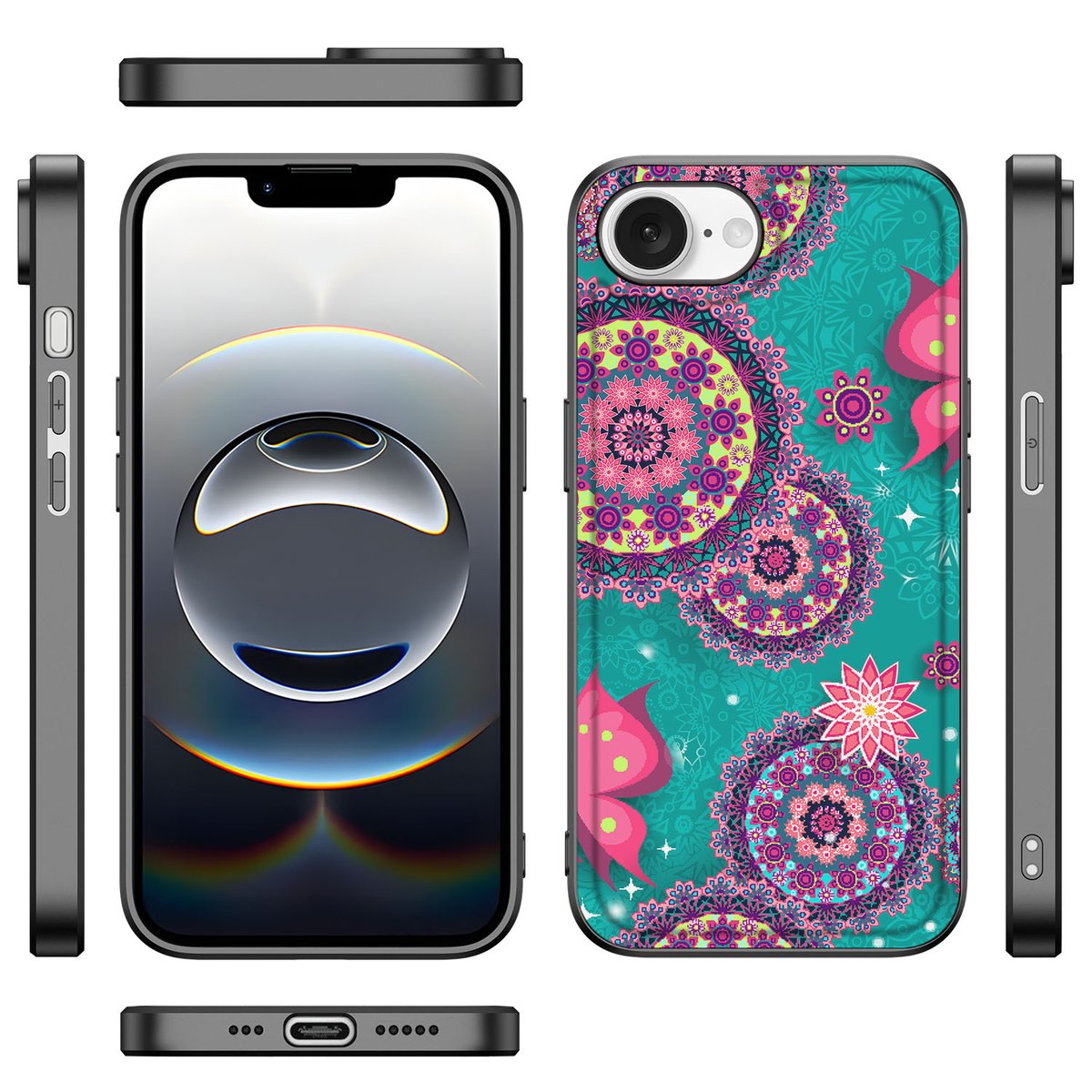 iPhone 16e Leuk Telefoonhoesje Cirkels en Vlinders met kleurrijk design en schokabsorberende TPU behuizing.