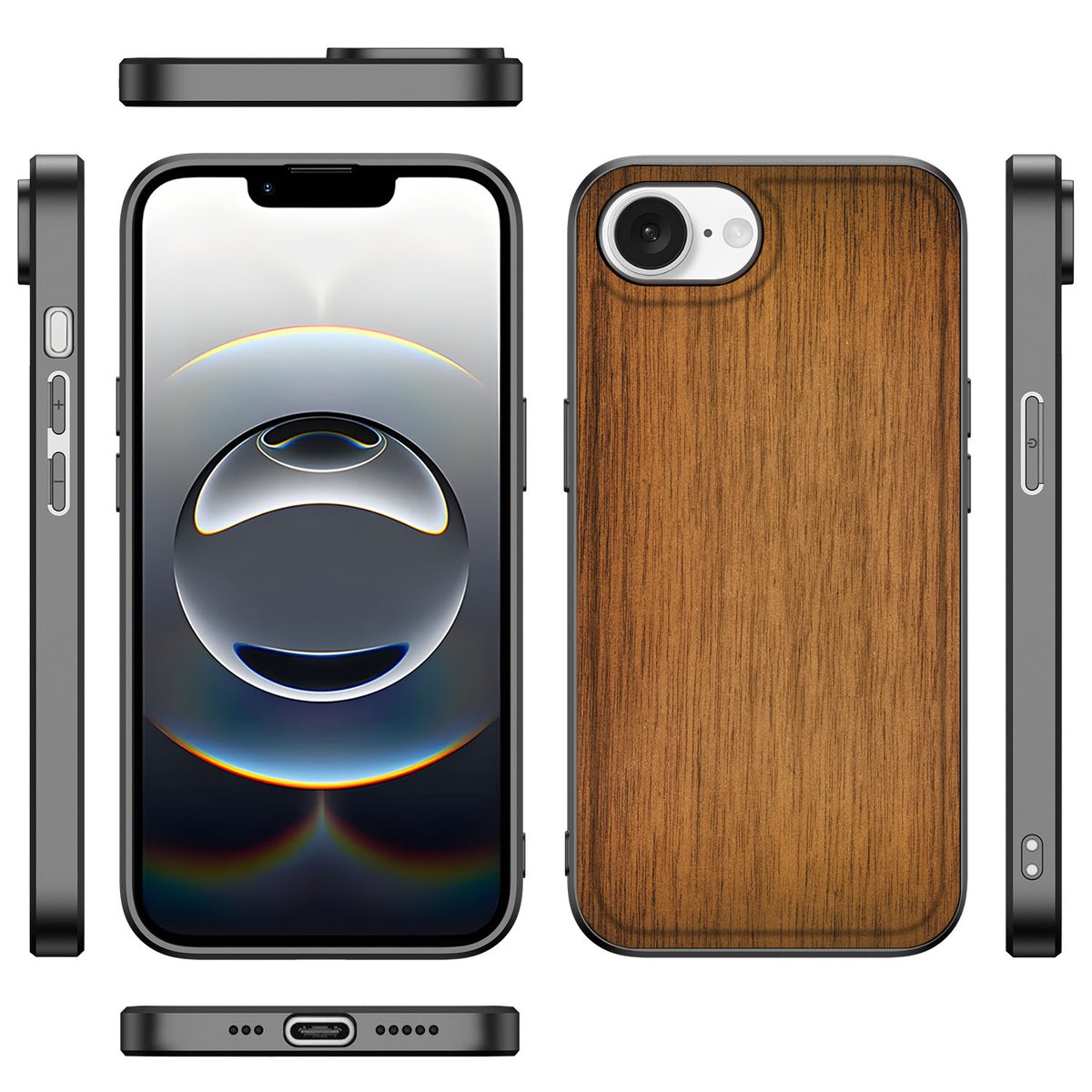 iPhone 16e Houten Print Telefoonhoesje Donker Hout met schokabsorberende TPU achterkant en zwarte randen.