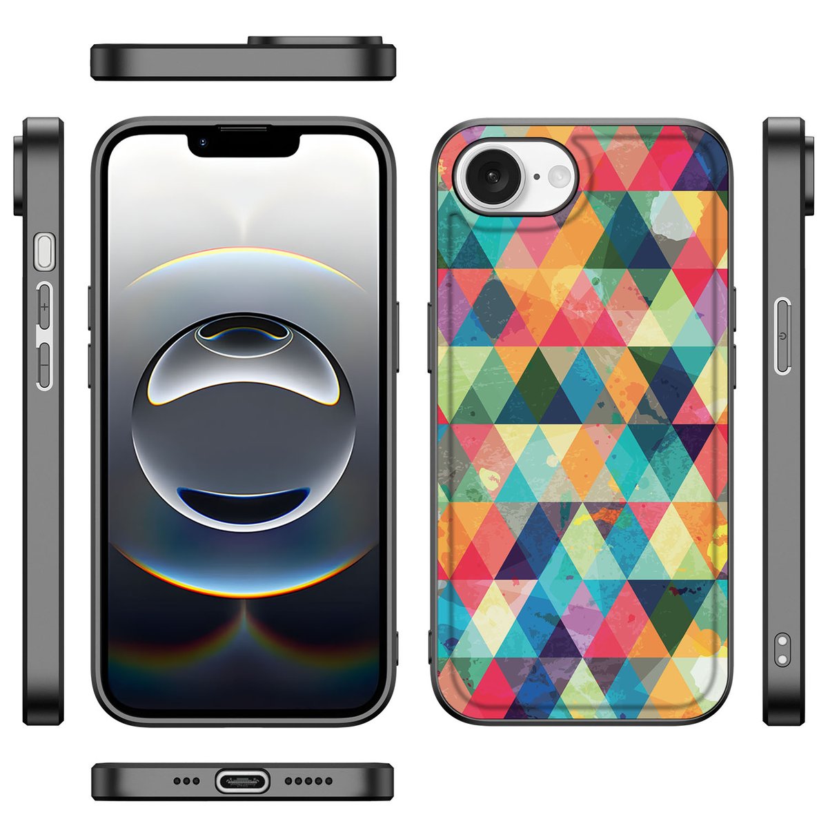 iPhone 16e Back Case Geruit met kleurrijk geometrisch patroon en TPU bescherming.