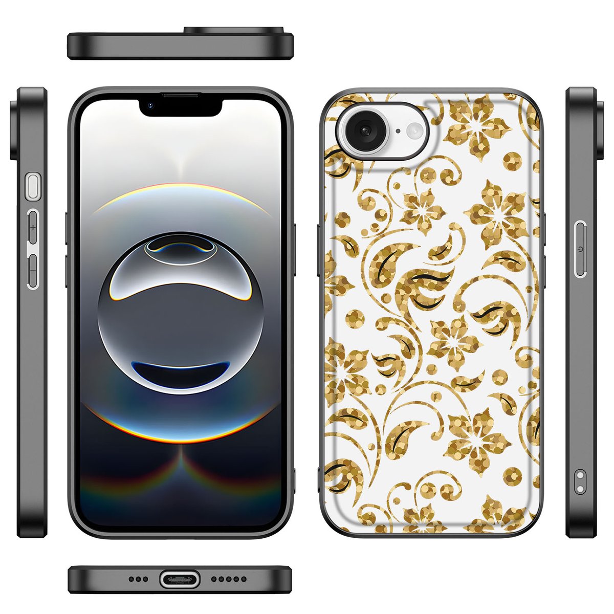 iPhone 16e Bloemen Hoesje Gouden Bloemen met bloemenprint en zwarte randen, ontwerp voor Apple iPhone 16e.